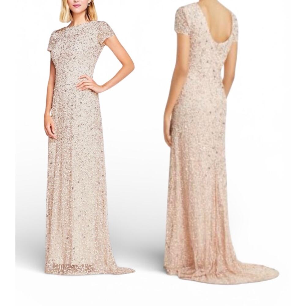 Adrianna Papell Scoop Back Sequin Gown Cap Sleeve Evening Dress Blush 10P Blush